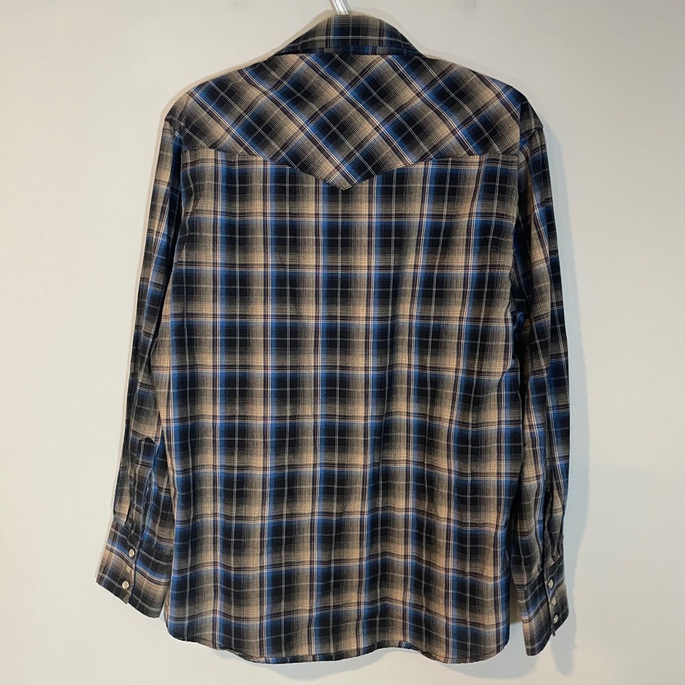Wrangler Mens Western Pearl Snap Plaid Shirt Blue Tan Black WM219BK Medium - Picture 5 of 6